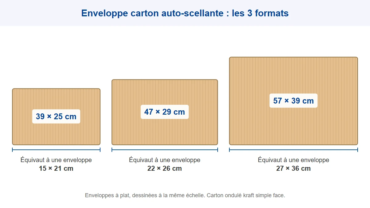 Schéma des 3 formats de l’enveloppe carton auto-scellante Packosmart et de leur équivalent en enveloppe